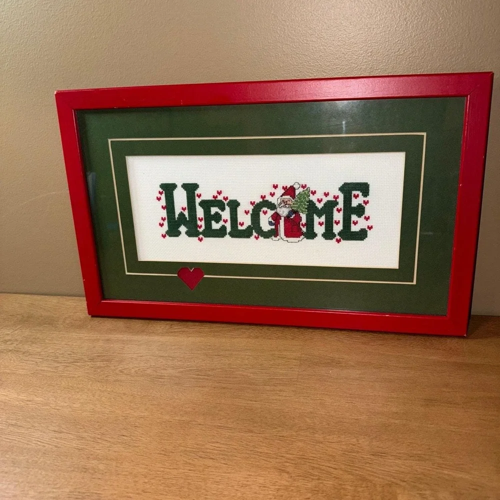 Vintage Christmas Santa Welcome Cross Stitch Framed Wall Decor Red Green Mat